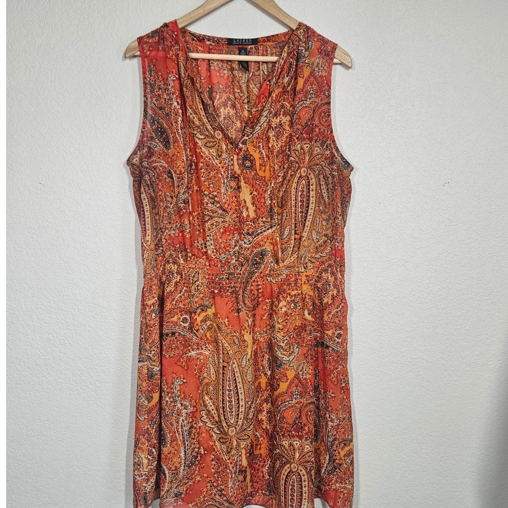 Lauren Ralph Lauren Orange Paisley Sleeveless Smocked Waist Dress Size 14